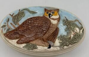 Vintage Signed M.R. Owl Trinket Box Embossed Ceramic Oval Woodland Nature 8”